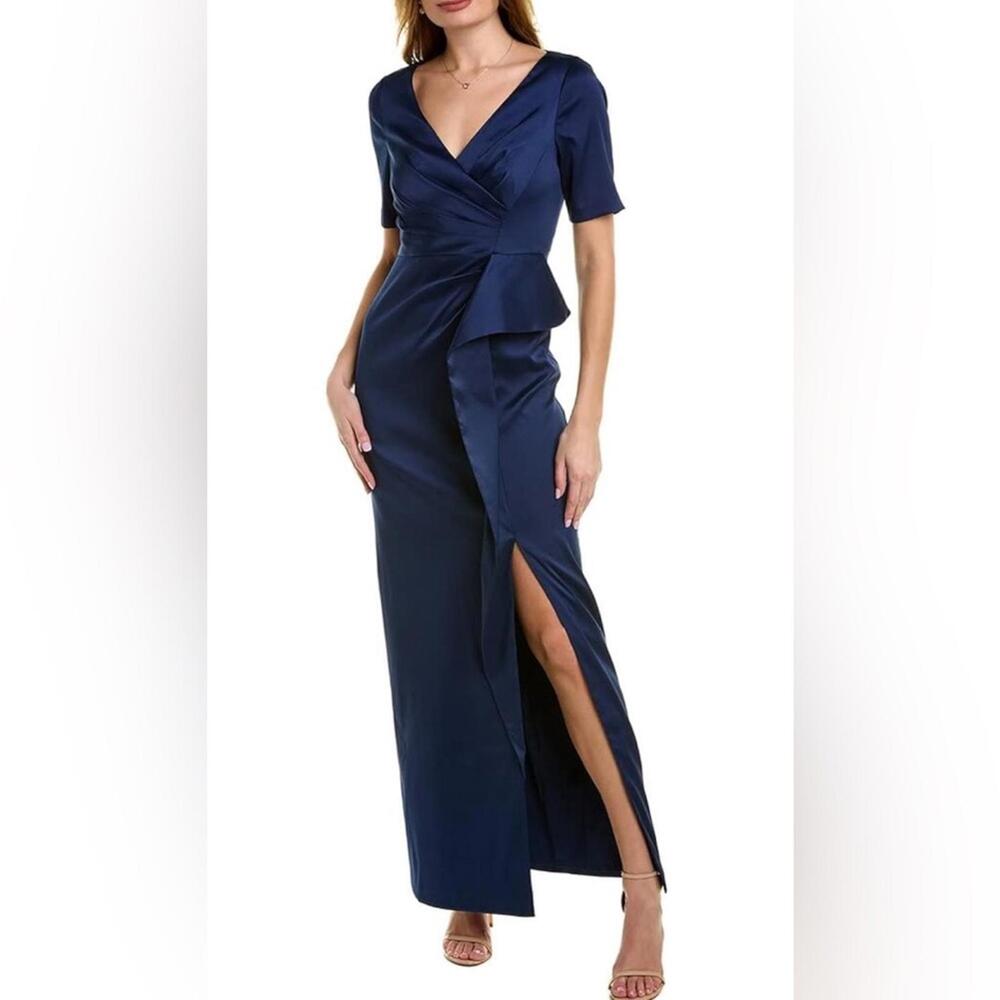AIDAN MATTOX V-Neck Mikado Gown sz 0 Ruched Short Sleeves Peplum Detail Gala - Picture 2 of 10